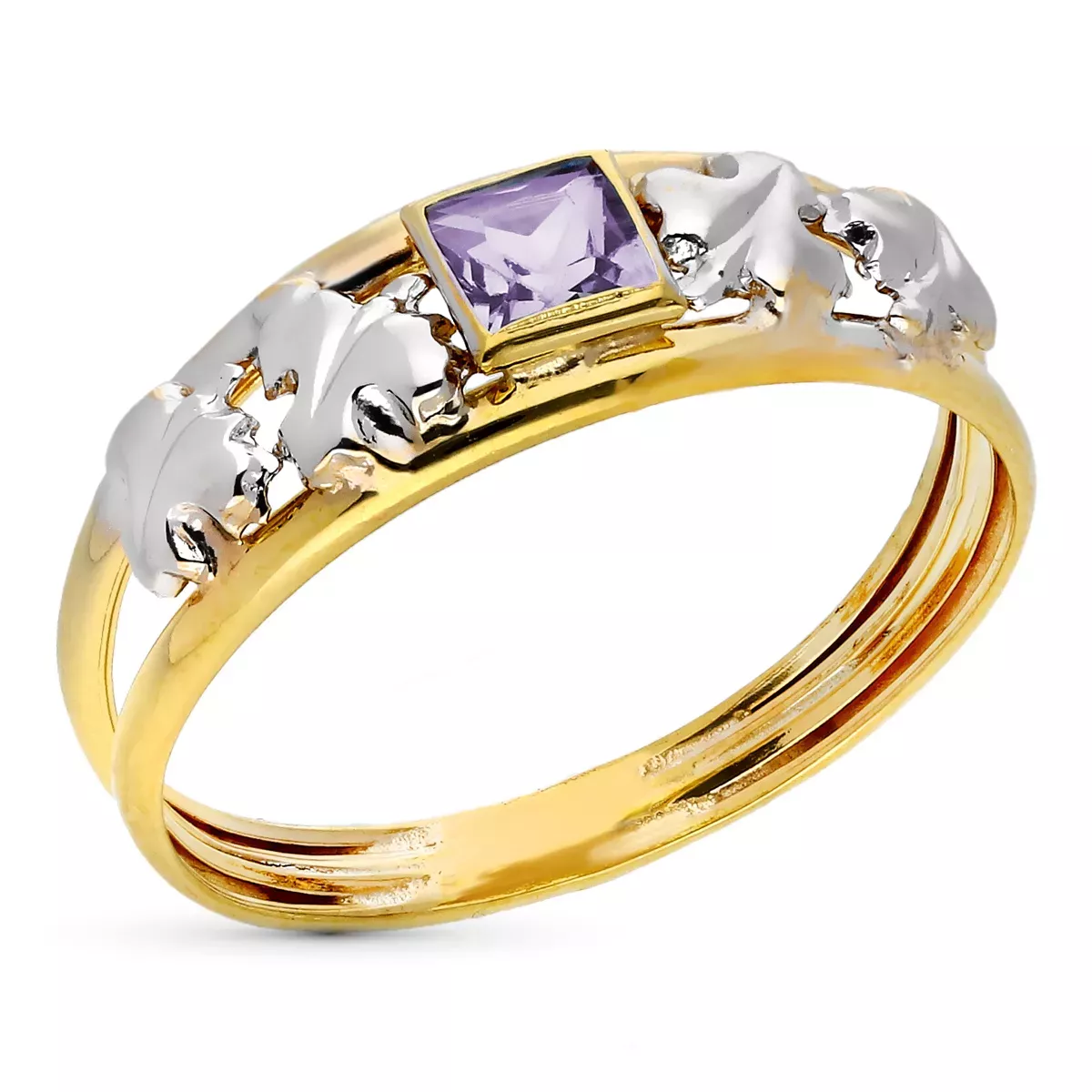 9K SORTIJA ORO BICOLOR DOBLE CUERPO CON CIRCONITA AMATISTA CUADRADA. ANCHO: 6 MM 1