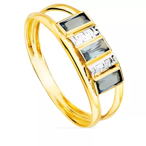 9K SORTIJA ORO BICOLOR DOBLE CUERPO GRECA CALADA CON CIRCONITA AGUAMARINA. ANCHO: 8 MM 1