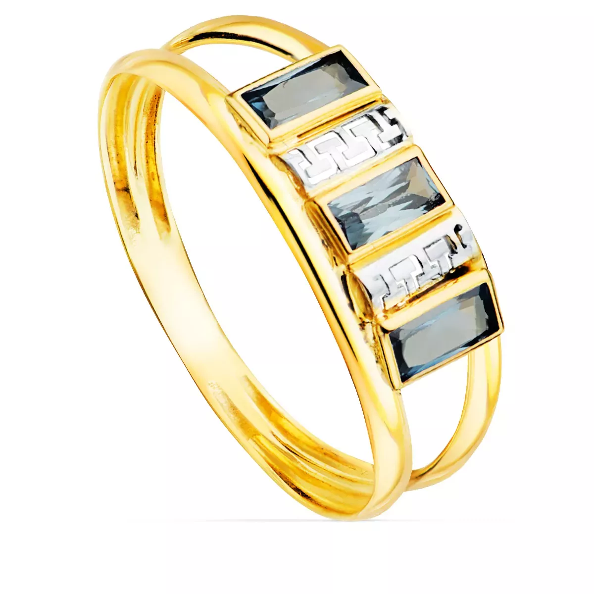 9K SORTIJA ORO BICOLOR DOBLE CUERPO GRECA CALADA CON CIRCONITA AGUAMARINA. ANCHO: 8 MM 1