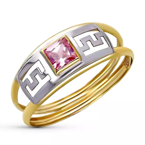 9K SORTIJA ORO BICOLOR DOBLE CUERPO GRECA CALADA CON CIRCONITA ROSA. ANCHO: 7 MM 0