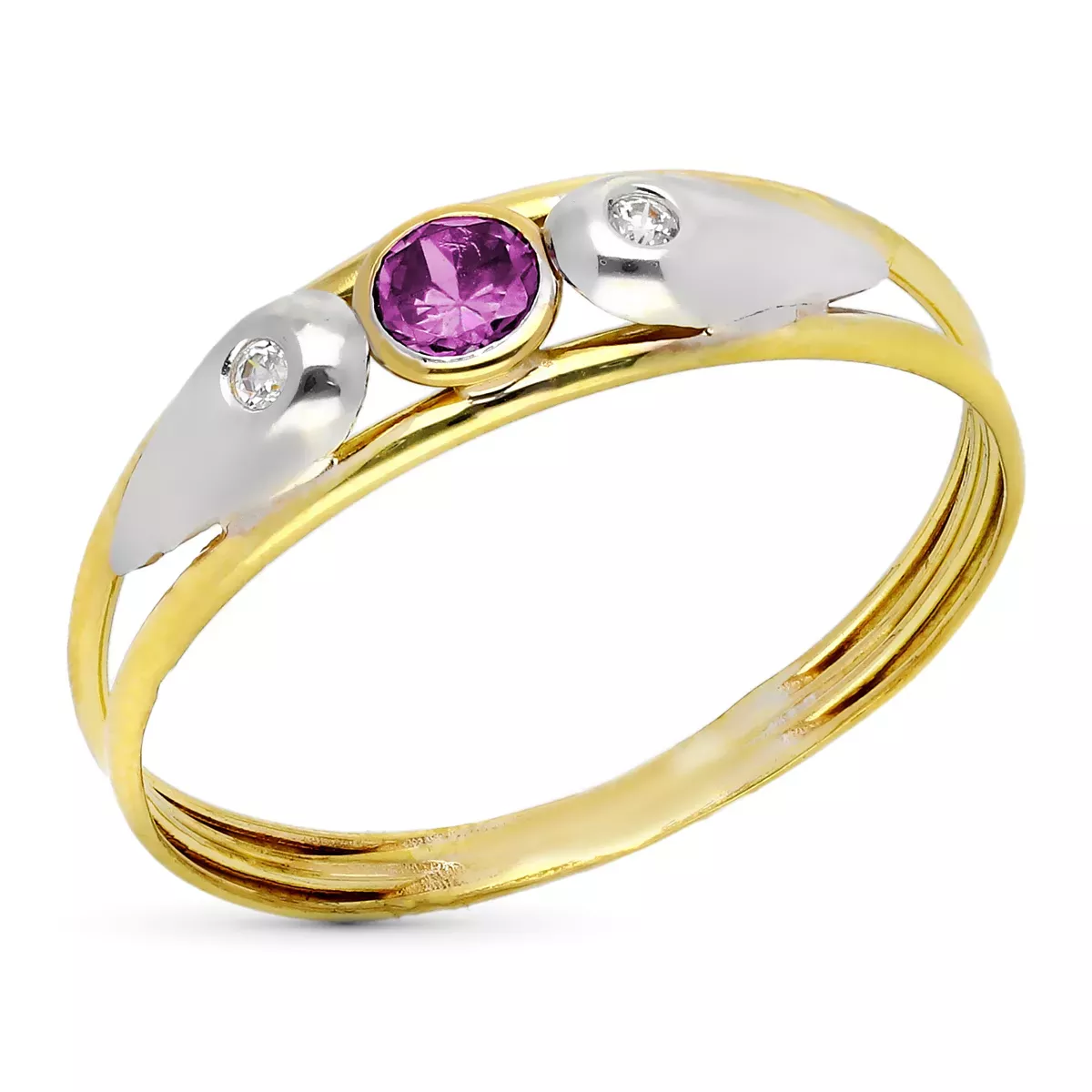 9K SORTIJA ORO BICOLOR DOBLE CUERPO CON CIRCONITA REDONDA AMATISTA. ANCHO: 5