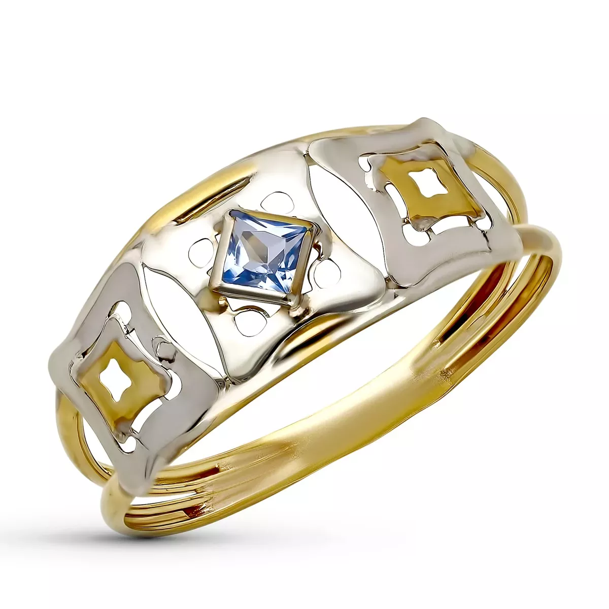 9K SORTIJA ORO BICOLOR DOBLE CUERPO CALADA CON CIRCONITA AGUAMARINA. ANCHO: 8 MM 0