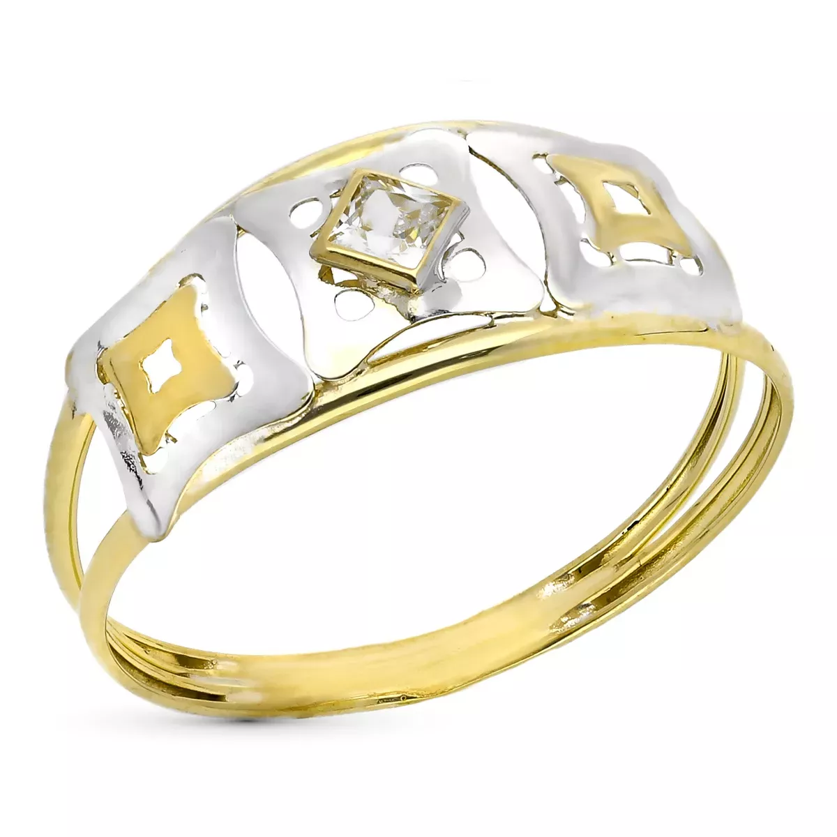 9K SORTIJA ORO BICOLOR DOBLE CUERPO CALADA CON CIRCONITA. ANCHO: 8 MM 0