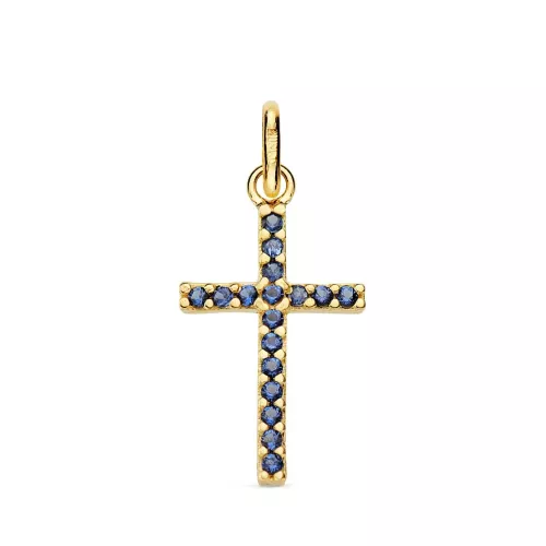 18K CRUZ ORO AMARILLO PIEDRAS AZULES 16X10 MM 0