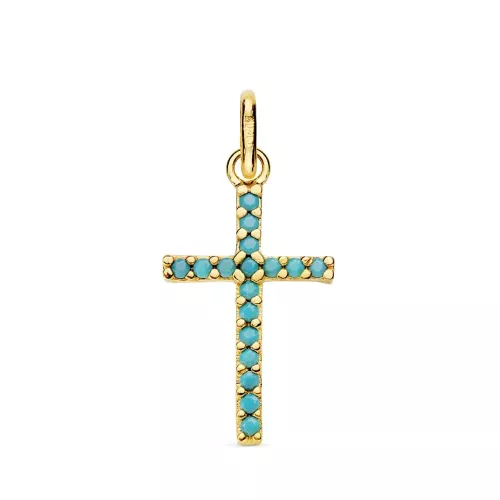 18K CRUZ ORO AMARILLO PIEDRAS TURQUESAS 16X10 MM 0