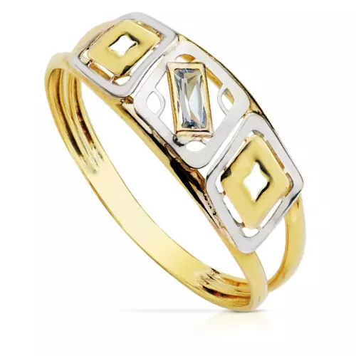 9K SORTIJA ORO BICOLOR DOBLE CUERPO MOTIVO CALADO CON CIRCONITA AGUAMARINA. ANCHO: 6