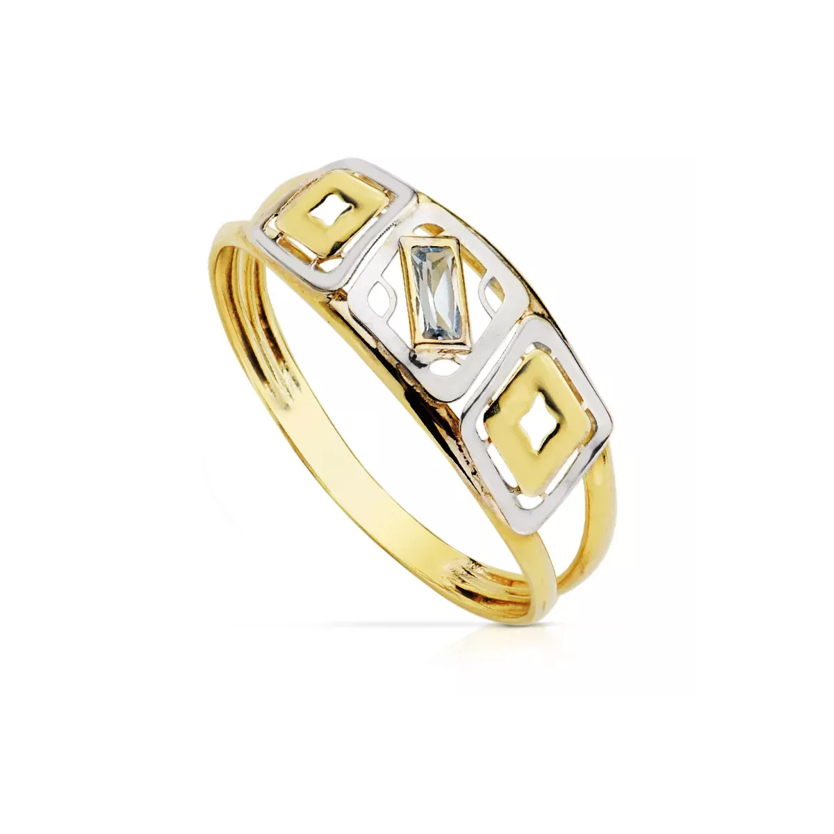 9K SORTIJA ORO BICOLOR DOBLE CUERPO MOTIVO CALADO CON CIRCONITA AGUAMARINA. ANCHO: 6