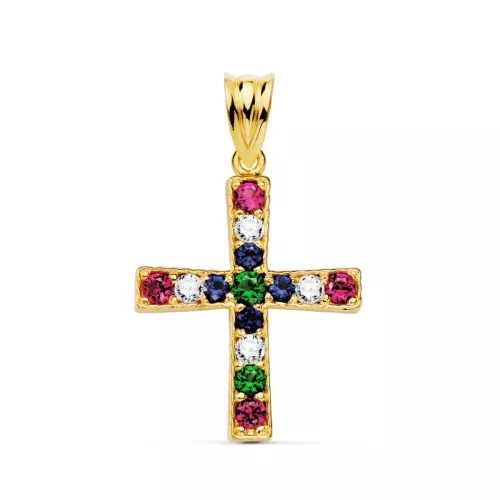 18K CRUZ ORO AMARILLO CON CIRCONITA COLORES REDONDAS. 22 X 19 MM 2