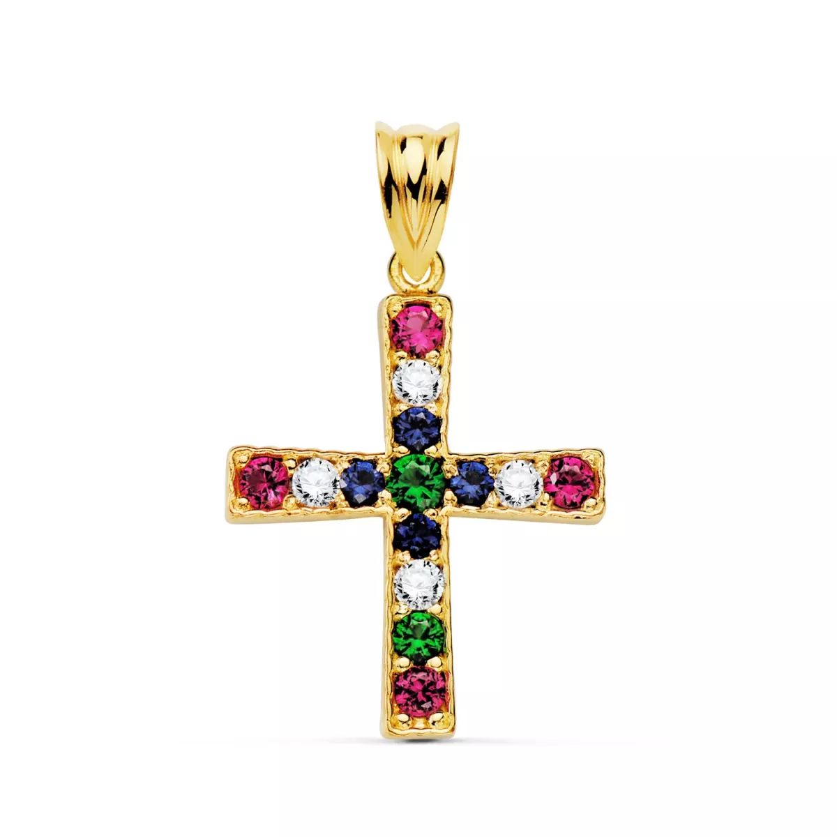 18K CRUZ ORO AMARILLO CON CIRCONITA COLORES REDONDAS. 22 X 19 MM 2