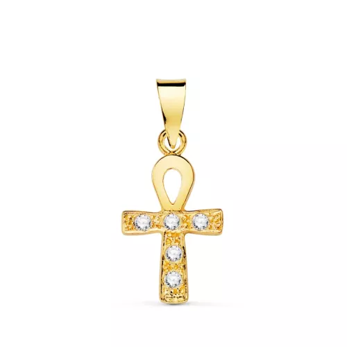 18K CRUZ DE LA VIDA ORO AMARILLO CON CIRCONITA BLANCAS. 14 X 10 MM 0