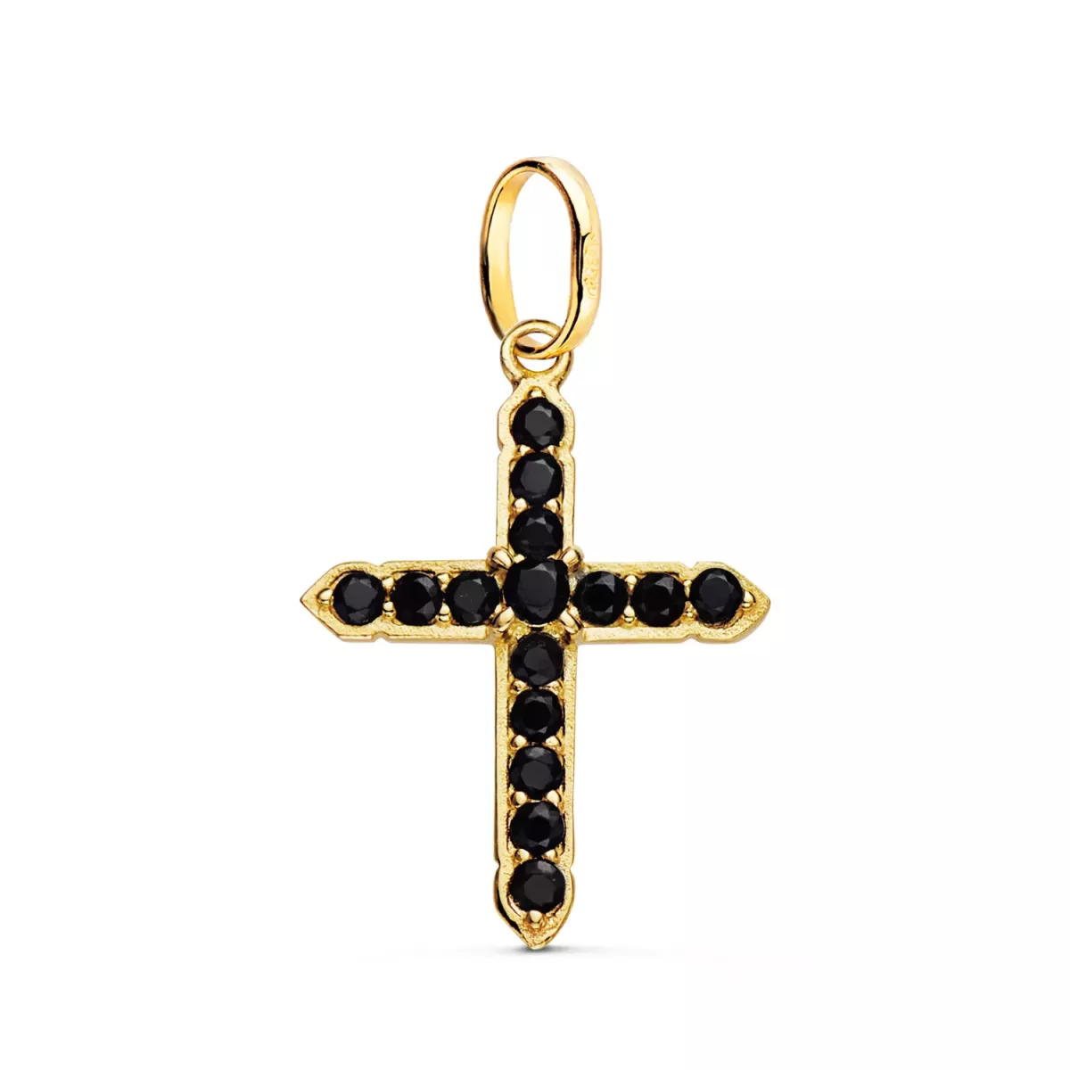 18K CRUZ ORO AMARILLO CON 15 CIRCONITA NEGRAS EN GARRAS. 24 X 18 MM 1