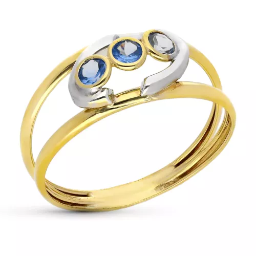 9K SORTIJA ORO BICOLOR DOBLE CUERPO MOTIVO CON CIRCONITAS COLOR AGUAMARINA. ANCHO: 8