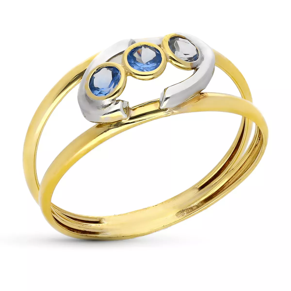 9K SORTIJA ORO BICOLOR DOBLE CUERPO MOTIVO CON CIRCONITAS COLOR AGUAMARINA. ANCHO: 8