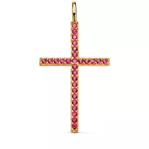 18K CRUZ ORO AMARILLO CON CIRCONITA ROJAS 37 X 19 MM. ANILLA FIJA 1