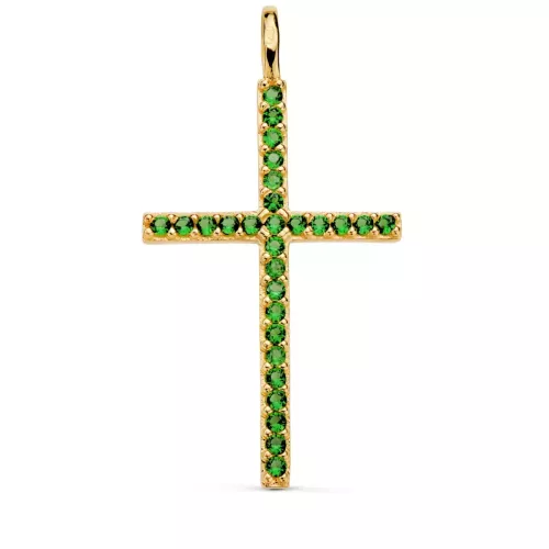18K CRUZ ORO AMARILLO CON CIRCONITA VERDES 37 X 19 MM. ANILLA FIJA 1