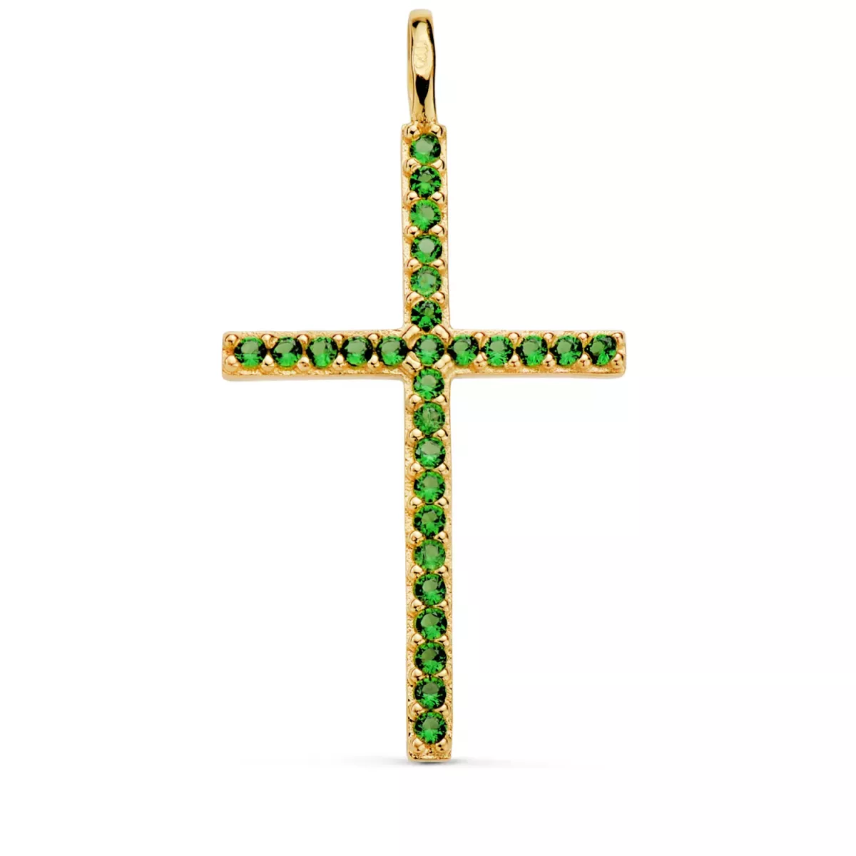 18K CRUZ ORO AMARILLO CON CIRCONITA VERDES 37 X 19 MM. ANILLA FIJA 1