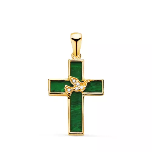 18K CRUZ ORO AMARILLO MALAQUITA Y PAJARO CON CIRCONITAS. MEDIDA: 19 X 12