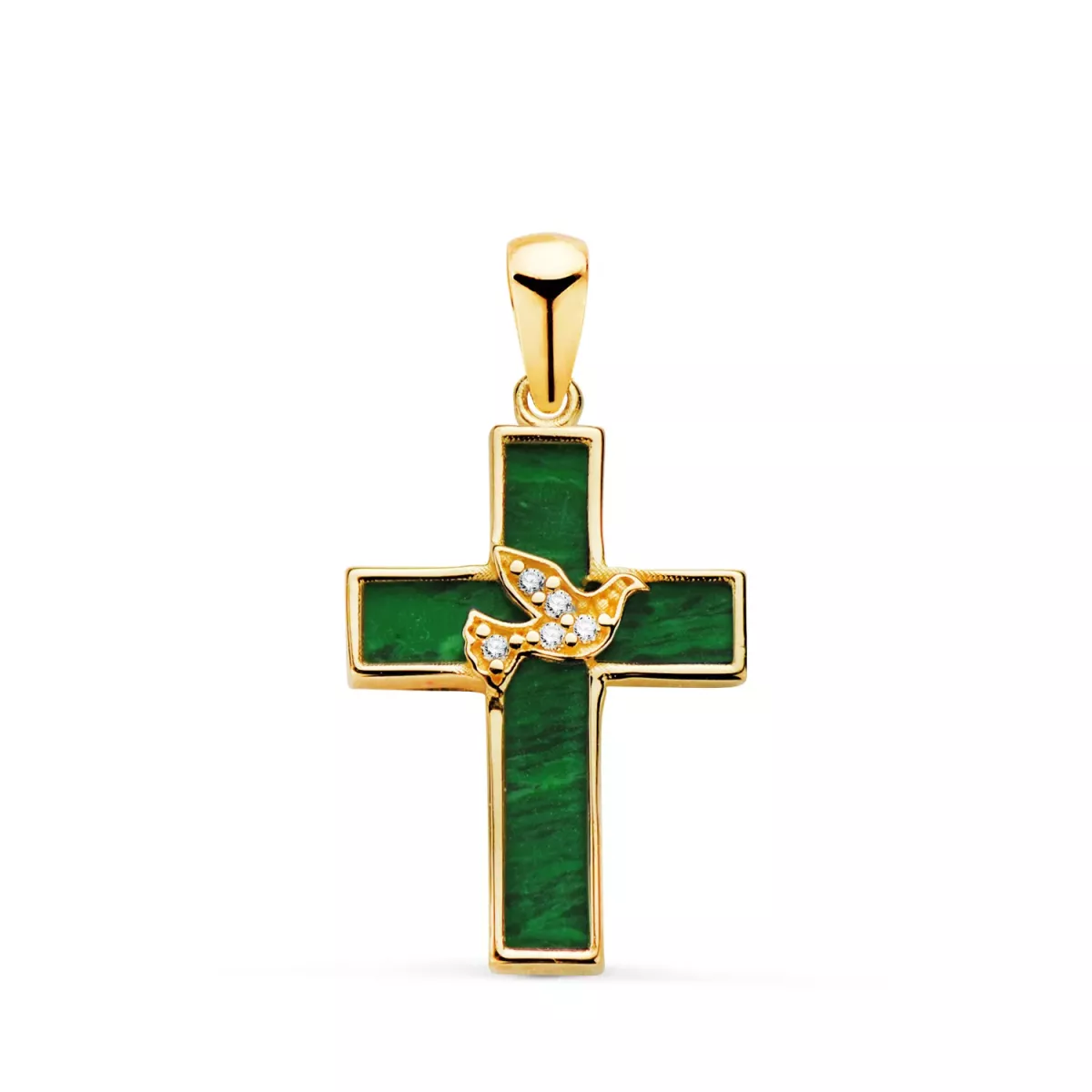 18K CRUZ ORO AMARILLO MALAQUITA Y PAJARO CON CIRCONITAS. MEDIDA: 19 X 12