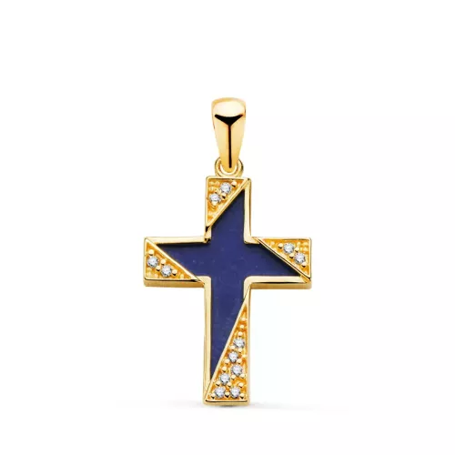 18K CRUZ ORO AMARILLO LAPIZLAZULI DETALLES CON CIRCONITAS. MEDIDA: 19 X 12