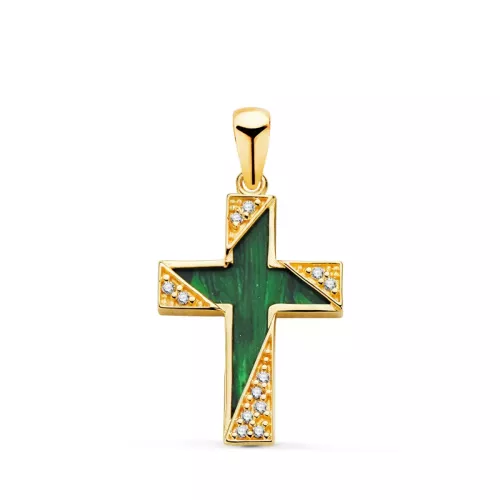 18K CRUZ ORO AMARILLO MALAQUITA DETALLES CON CIRCONITAS. MEDIDA: 19 X 12
