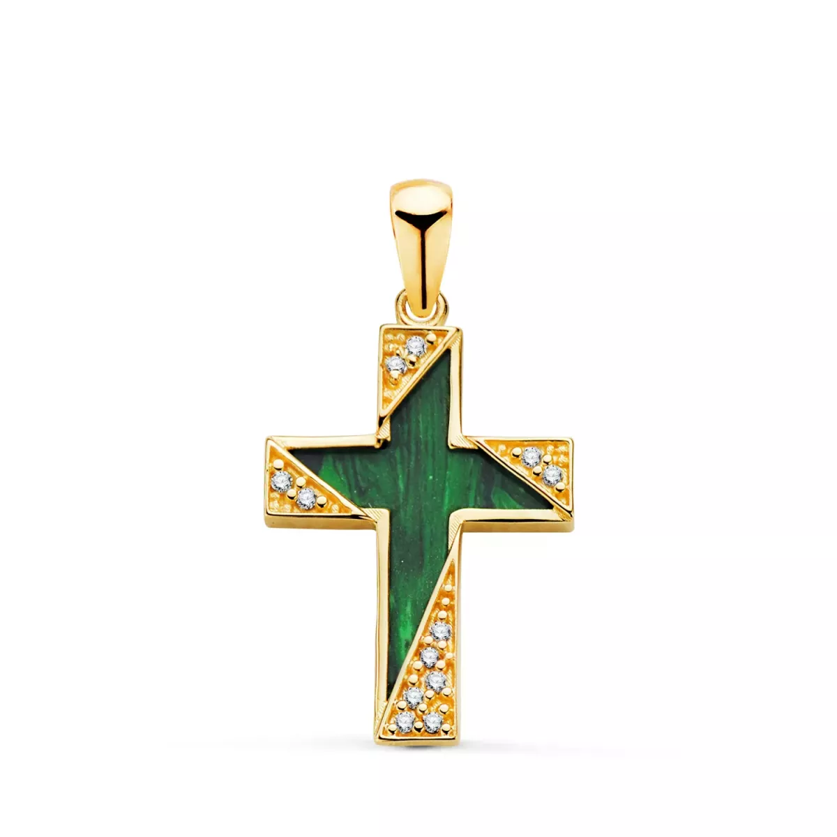 18K CRUZ ORO AMARILLO MALAQUITA DETALLES CON CIRCONITAS. MEDIDA: 19 X 12
