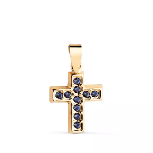 18K CRUZ ORO AMARILLO CON CIRCONITAS AZULES. MEDIDA: 13