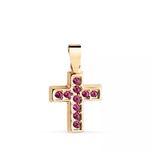 18K CRUZ ORO AMARILLO CON CIRCONITAS ROJAS. MEDIDA: 13,5 X 10 MM 0,32gr