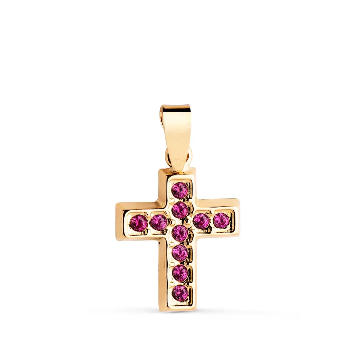 18K CRUZ ORO AMARILLO CON CIRCONITAS ROJAS. MEDIDA: 13