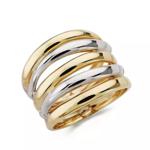 9K SORTIJA ORO BICOLOR CINCO BANDAS EN BRILLO. ANCHO: 17