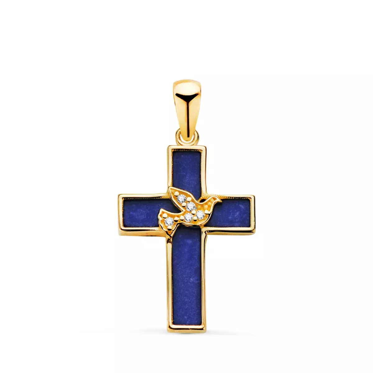 18K CRUZ ORO AMARILLO LAPIZLAZULI Y PAJARO CON CIRCONITAS. MEDIDA: 19 X 12