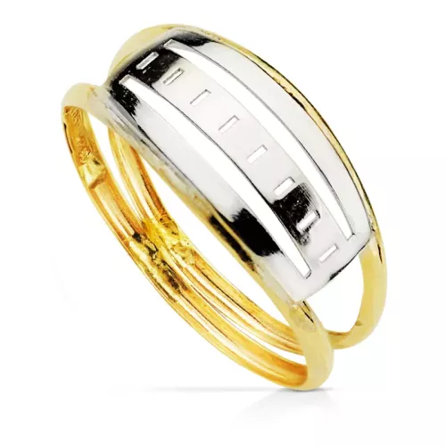 9K SORTIJA ORO BICOLOR DOBLE CUERPO CON MOTIVO CALADO. ANCHO: 7