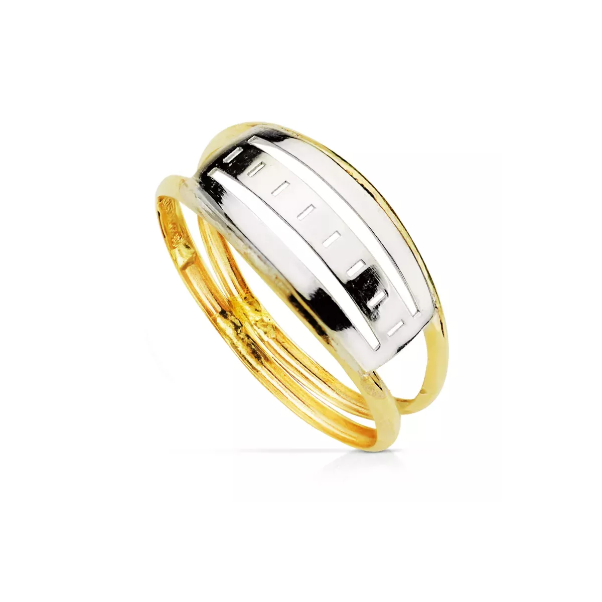 9K SORTIJA ORO BICOLOR DOBLE CUERPO CON MOTIVO CALADO. ANCHO: 7