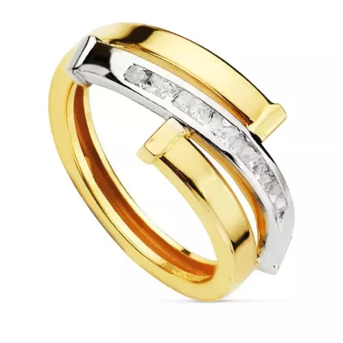 9K SORTIJA ORO BICOLOR BANDAS CON CIRCONITAS EN CARRIL. ANCHO: 10