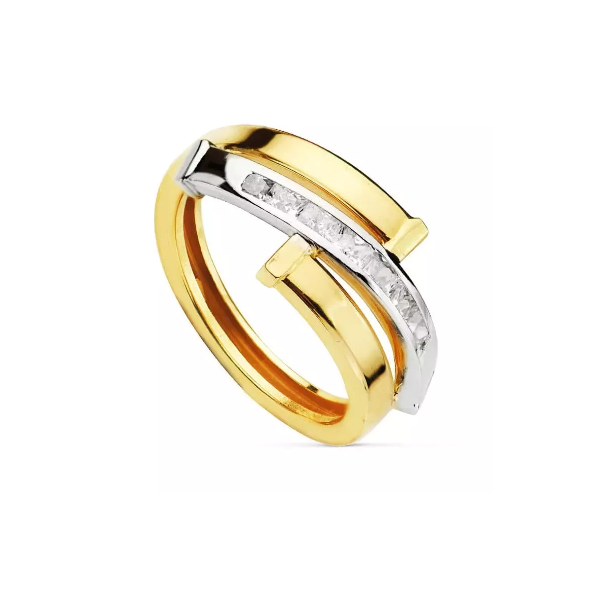 9K SORTIJA ORO BICOLOR BANDAS CON CIRCONITAS EN CARRIL. ANCHO: 10