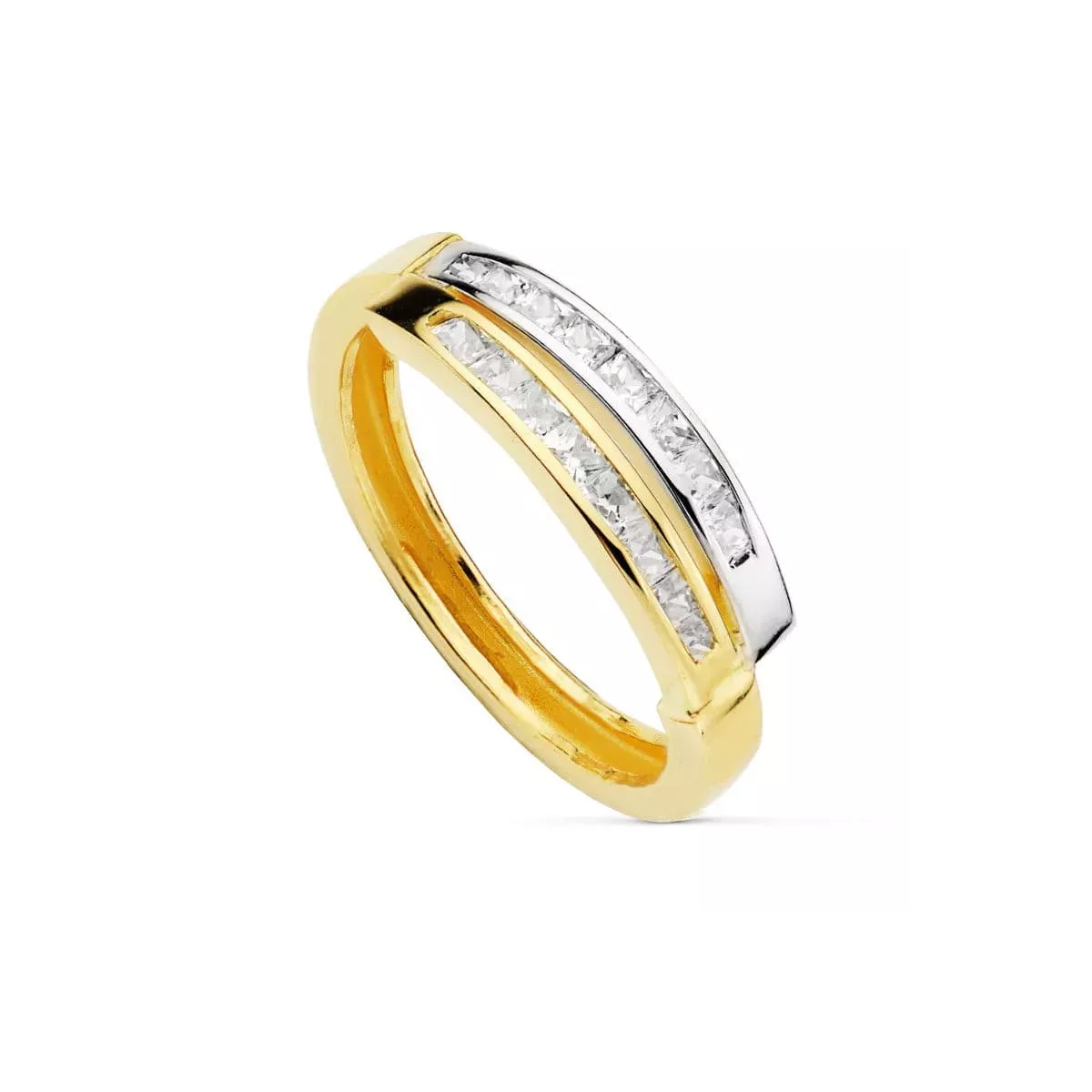 9K SORTIJA ORO BICOLOR CON BANDAS Y CIRCONITAS EN CARRIL. ANCHO: 5 MM 1