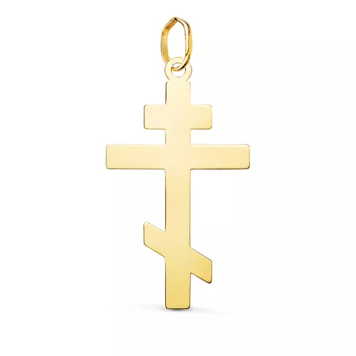 18K COLGANTE ORO AMARILLO CRUZ ORTODOXA SILUETA EN BRILLO. 28 X 15 MM 0