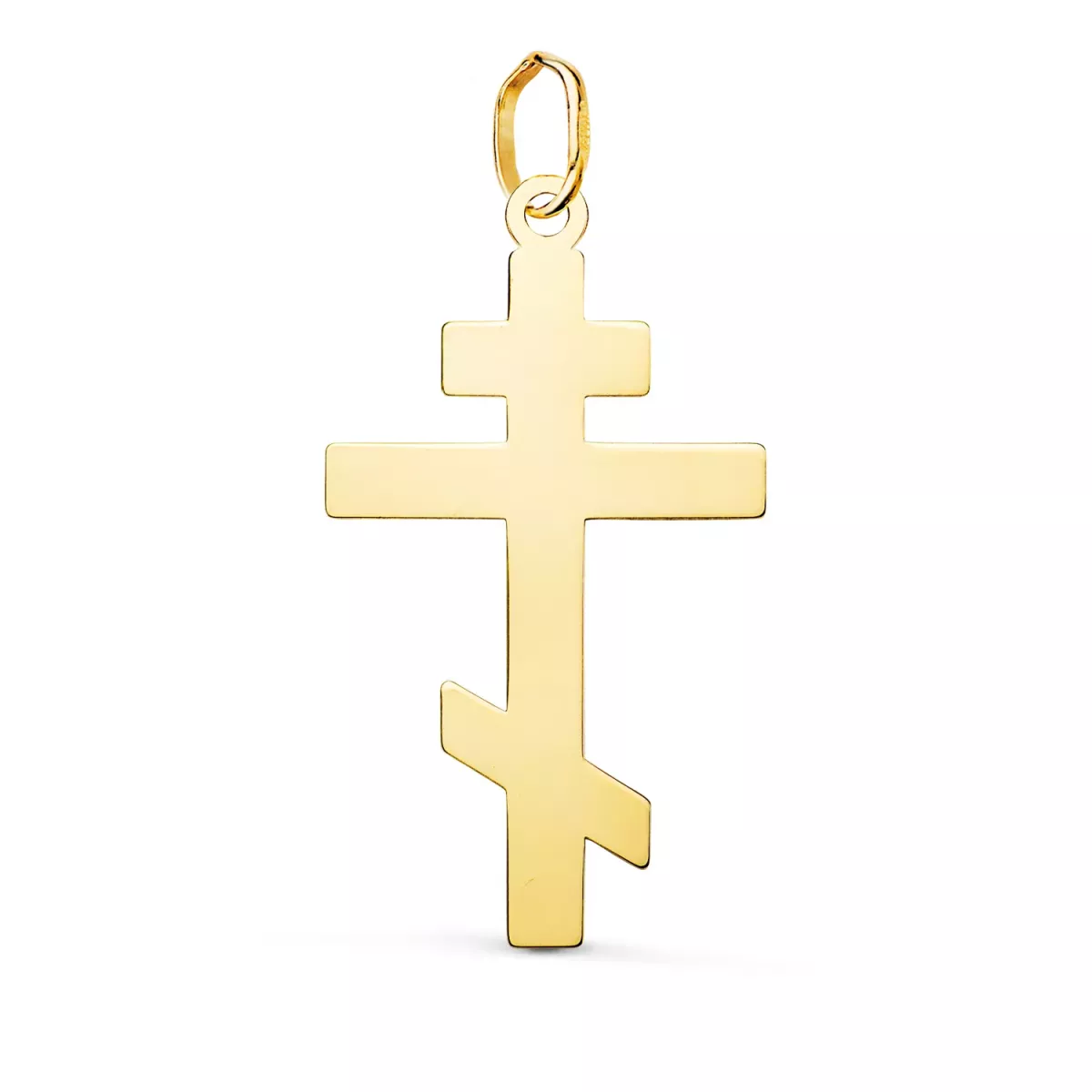 18K COLGANTE ORO AMARILLO CRUZ ORTODOXA SILUETA EN BRILLO. 28 X 15 MM 0