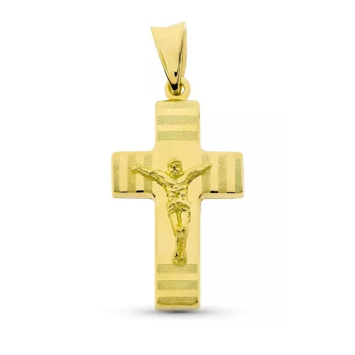 18K CRUZ ORO AMARILLO HUECA CON CRISTO MATE Y BRILLO 27X15 MM 2