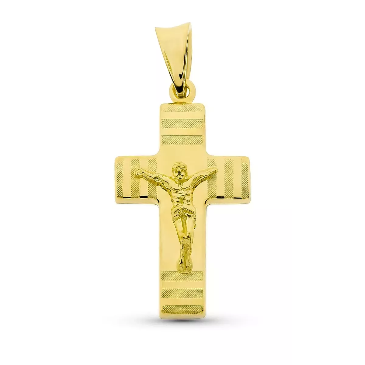 18K CRUZ ORO AMARILLO HUECA CON CRISTO MATE Y BRILLO 27X15 MM 2