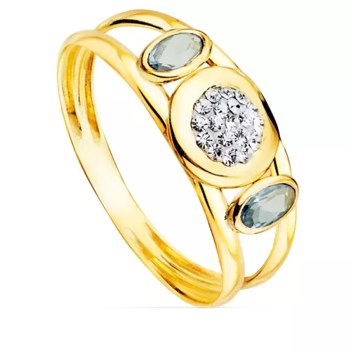 9K SORTIJA ORO AMARILLO DOBLE CUERPO CON AGUAMARINAS OVALES Y MOTIVO REDONDO. ANCHO: 8 MM 1
