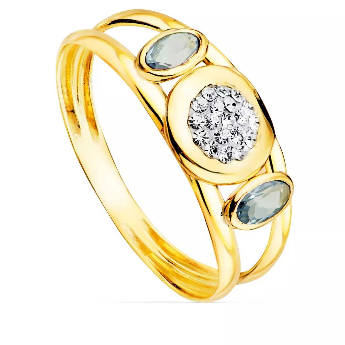 9K SORTIJA ORO AMARILLO DOBLE CUERPO CON AGUAMARINAS OVALES Y MOTIVO REDONDO. ANCHO: 8 MM 1
