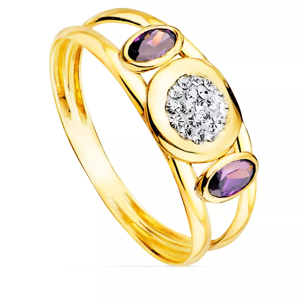 9K SORTIJA ORO AMARILLO DOBLE CUERPO CON AMATISTAS Y MOTIVO REDONDO. ANCHO: 8 MM 1