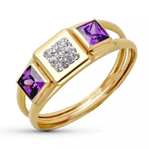 9K SORTIJA ORO AMARILLO DOBLE CUERPO CON CIRCONITAS AMATISTAS Y CUADRADO. ANCHO: 6