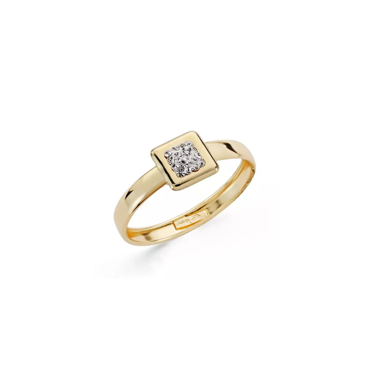 9K SORTIJA ORO AMARILLO CON MOTIVO CUADRADO Y CIRCONITAS. ANCHO: 6