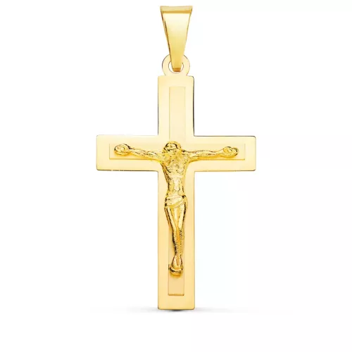 18K CRUZ ORO AMARILLO BRILLO Y MATE CON CRISTO 32X20 MM 2