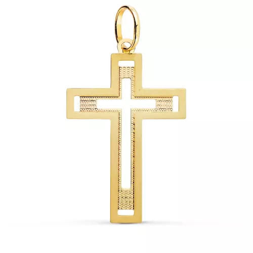 18K CRUZ ORO AMARILLO SIN CRISTO TALLADA Y MATIZADA 35X22 MM 1