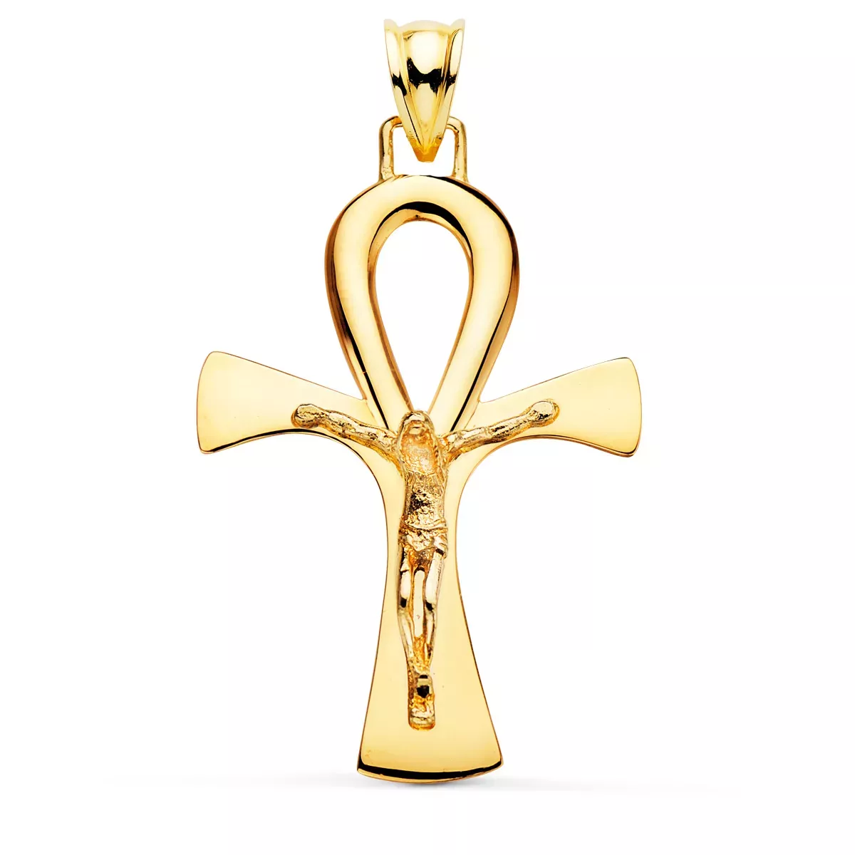 18K CRUZ DE LA VIDA ORO AMARILLO CON CRISTO EN BRILLO 36 X 23 MM 3