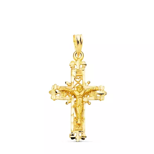18K CRUZ ORO AMARILLO FILIGRANA CON CRISTO TALLADA 28X18 MM 2