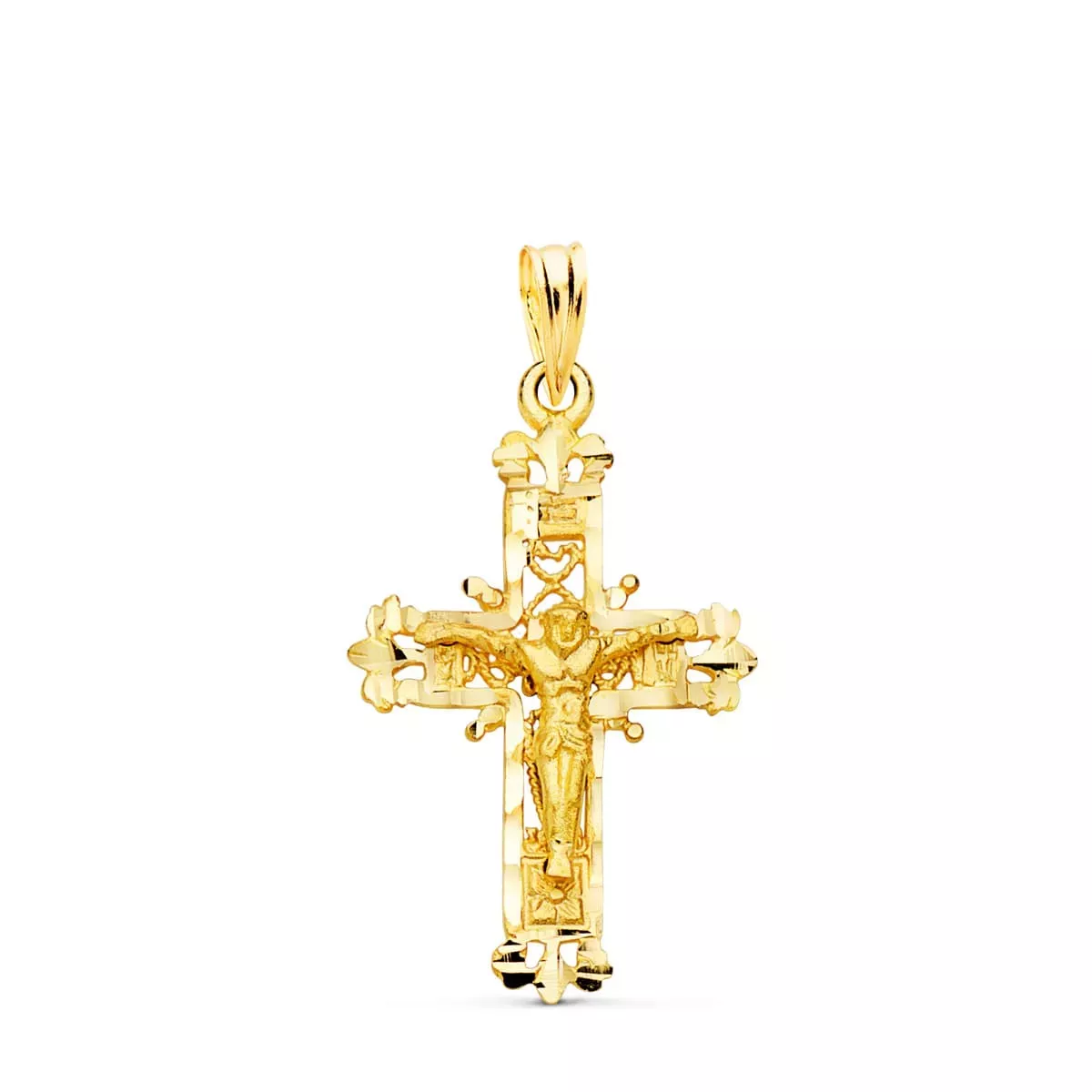 18K CRUZ ORO AMARILLO FILIGRANA CON CRISTO TALLADA 28X18 MM 2
