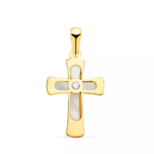 18K CRUZ ORO AMARILLO CON NACAR Y CIRCONITA 20 X 12 MM 0